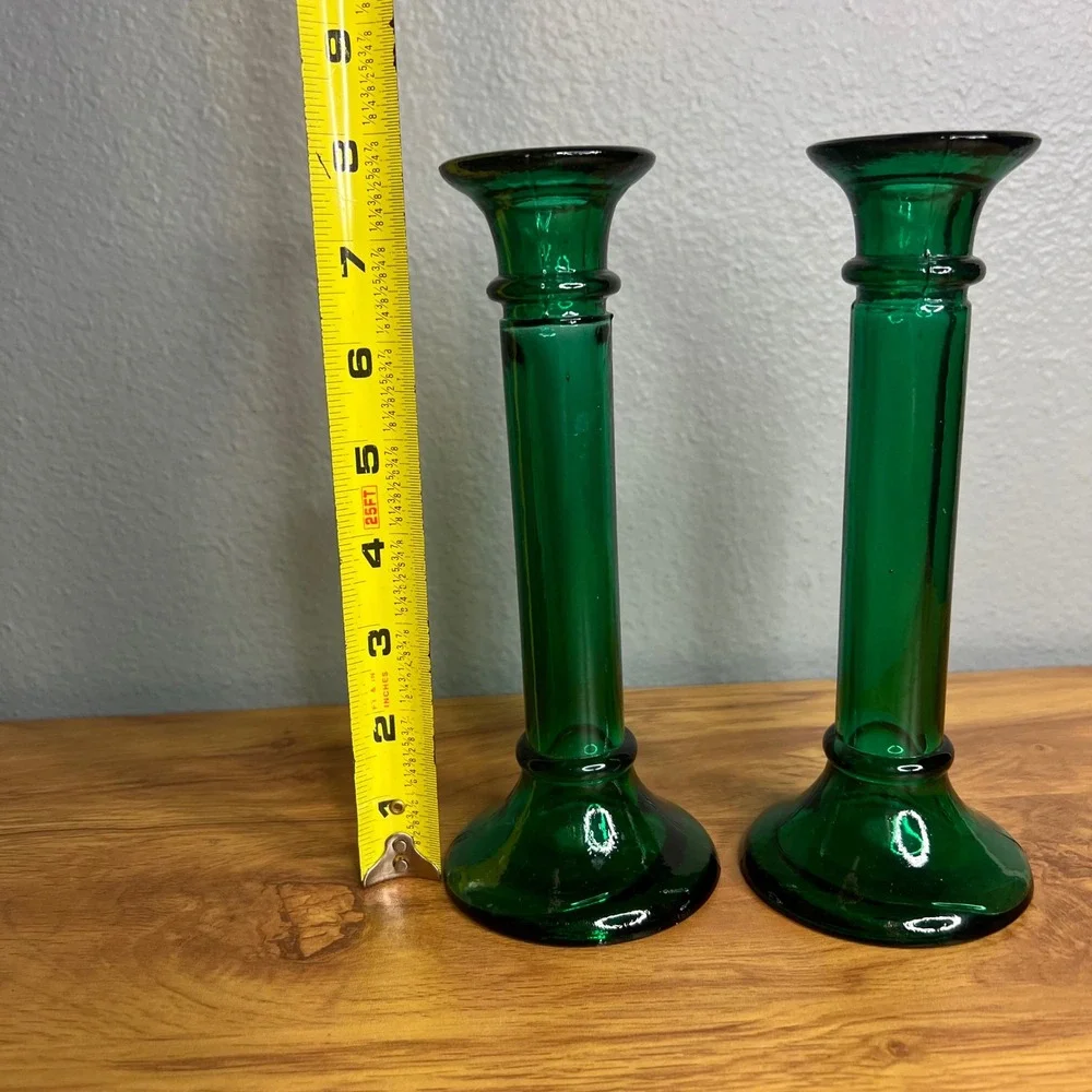 Vtg Recycled Glass Taper Candle Holders Sticks Set 2 Green Made in Spain 8‎ Inch
